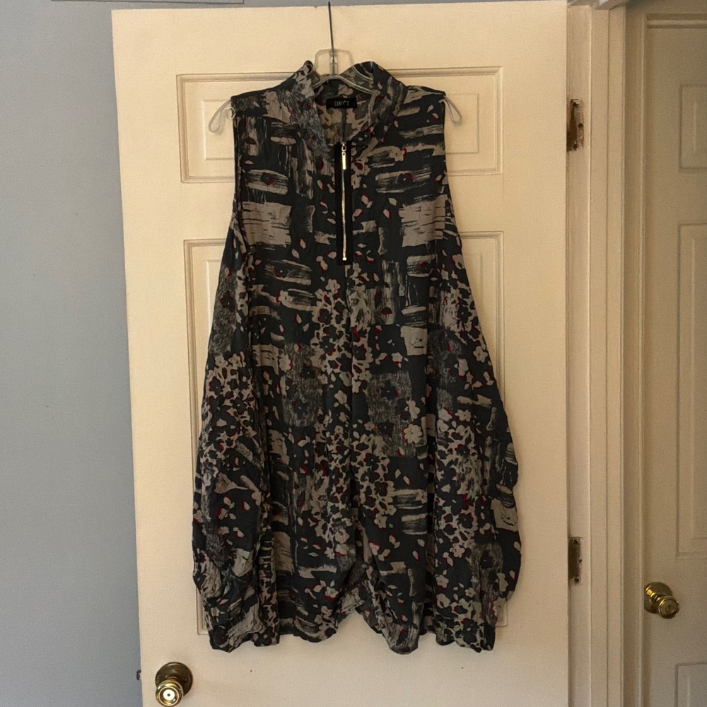 Comfy USA Verona Crinkle Jumper Balloon Dress Grey Red Lagenlook Art to Wear M